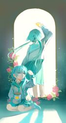 2girls arch blue_eyes blue_hair blue_neckerchief blue_sailor_collar blue_skirt closed_mouth flower hatsune_miku heart highres holding holding_jar inu_totemo jar legs_together life_(vocaloid) long_bangs long_sleeves looking_at_object looking_up low_twintails miniskirt multiple_girls neckerchief orange_flower parted_bangs pleated_skirt rose sailor_collar school_uniform serafuku shadow shirt sitting skirt twintails vocaloid white_shirt yokozuwari