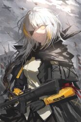 1girl absurdres aircraft airplane assault_rifle bad_gun_anatomy black_cloak black_gloves bomber braid braided_ponytail burning burning_building chinese_commentary cloak commentary_request commission debris eyepatch facial_scar girls&#039;_frontline gloves gradient_hair gun highres holding holding_gun holding_weapon looking_at_viewer m16 m16a1_(girls&#039;_frontline) magazine_(weapon) military_vehicle multicolored_hair one_eye_covered overcast rifle ruins scar scar_across_eye scar_on_cheek scar_on_face shirt sky smoke solo streaked_hair upper_body war weapon white_hair xiegegege_gezi yellow_eyes yellow_shirt