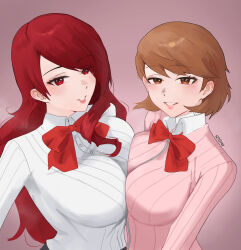 2girls blush bow bowtie breast_press breasts brown_eyes brown_hair cardigan choker collared_shirt gekkoukan_high_school_uniform hair_over_one_eye heart heart_choker highres jewelry kirijou_mitsuru large_breasts long_hair long_sleeves looking_at_viewer multiple_girls n7grey persona persona_3 pink_cardigan red_eyes red_hair ribbed_cardigan school_uniform shirt short_hair simple_background smile symmetrical_docking takeba_yukari upper_body white_choker white_shirt yuri