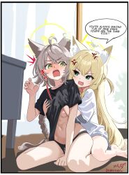 2girls ahoge anger_vein animal_ear_fluff animal_ears black_panties black_shirt blonde_hair blue_archive blush braid commentary english_text fang flat_chest flat_chest_grab fox_ears fox_girl grabbing_another&#039;s_breast grabbing_from_behind green_eyes grey_hair groping halo hand_under_clothes hand_under_shirt highres indoors kurumi_(blue_archive) melissa_v2 multiple_girls navel open_mouth otogi_(blue_archive) panties shirt sitting skin_fang speech_bubble underwear wariza white_shirt yellow_halo
