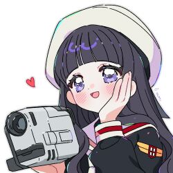 Rule 34 | 1girl, :d, artist name, black hair, black shirt, blunt bangs, blush, camcorder, camera, cardcaptor sakura, daidouji tomoyo, grey outline, hand on own cheek, hand on own face, hat, heart, highres, holding, holding camera, long hair, long sleeves, open mouth, outline, portrait, purple eyes, sailor collar, school uniform, serafuku, shirt, simple background, smile, solo, video camera, white background, white hat, white sailor collar, yalmyu