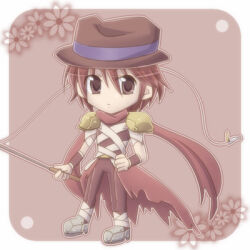 1boy armor assassin_(ragnarok_online) bandages bandages_over_clothes brown_background brown_eyes brown_hat brown_pants brown_shirt cape chibi chibi_only closed_mouth commentary_request dated_commentary expressionless fedora fishing_rod full_body hair_between_eyes hat holding holding_fishing_rod looking_at_viewer lowres male_focus pants pauldrons ragnarok_online red_cape red_hair red_scarf scarf sharari shirt short_hair shoulder_armor sleeveless sleeveless_shirt solo torn_cape torn_clothes torn_scarf waist_cape