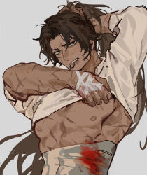 1boy absurdres baihuahua5441 bandaged_hand bandaged_torso bandages bare_pectorals blood blood_on_face blood_on_hands bloody_bandages brown_hair clenched_teeth clothes_lift collared_shirt commentary dark-skinned_male dark_skin fang full-stop_office_(identity)_(project_moon) furrowed_brow hair_tie hair_tie_in_mouth headset heathcliff_(project_moon) high_ponytail highres holding holding_own_hair large_pectorals limbus_company long_hair long_sleeves looking_at_viewer male_focus mouth_hold muscular muscular_male nipples pectorals ponytail project_moon purple_eyes scar scar_on_arm scar_on_chest scar_on_face shirt shirt_lift simple_background solo symbol-only_commentary teeth upper_body white_background white_shirt