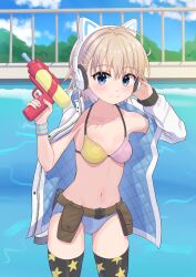 animal_ear_headphones animal_ears arm_out_of_sleeve belt_pouch bikini blonde_hair blue_eyes blue_jacket blue_panties blue_sky blush bra breasts cat_ear_headphones cat_hair_ornament collarbone cowboy_shot fake_animal_ears fence gakkou_gurashi! hair_ornament hairpin hand_on_headphones headphones highres holding holding_water_gun jacket jacket_over_swimsuit looking_at_viewer multicolored_bra multiple_hairpins naoki_miki navel panties poolside pouch rokkii_(pixiv77873722) sky small_breasts smile swimsuit thighhighs thighs tree underwear water_gun white_jacket x_hair_ornament zipper
