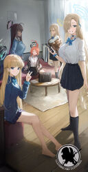 5girls absurdres ahoge akane_(blue_archive) akane_(school_uniform)_(blue_archive) asuna_(blue_archive) asuna_(school_uniform)_(blue_archive) barefoot black_hair black_jacket black_skirt black_socks blonde_hair blue_archive blue_bow blue_cardigan blue_eyes blue_nails blue_ribbon blue_scrunchie blush bow brown_jacket cardigan cleaning_&amp;_clearing_(blue_archive) closed_eyes closed_mouth commentary dark-skinned_female dark_skin floral_print grin hair_between_eyes hair_over_one_eye hair_ribbon highres huge_ahoge indoors jacket jianjia karin_(blue_archive) karin_(school_uniform)_(blue_archive) long_hair looking_at_another looking_at_viewer multiple_girls neru_(blue_archive) neru_(school_uniform)_(blue_archive) official_alternate_costume official_alternate_hairstyle red_bow ribbon scrunchie shirt sidelocks skirt smile socks sukajan toki_(blue_archive) toki_(school_uniform)_(blue_archive) v white_shirt white_sleeves wrist_scrunchie yellow_eyes