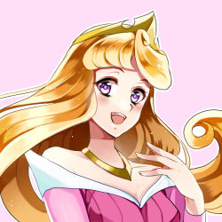 1girl :d animification aurora_(disney) blonde_hair commentary_request dress kurabayashi long_hair long_sleeves looking_at_viewer makeup open_mouth princess purple_eyes simple_background sleeping_beauty_(disney) smile solo tiara