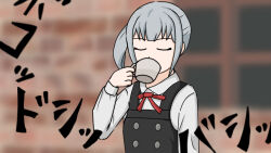 Rule 34 | abbacchio joins the kicking (meme), anodono, brick wall, closed eyes, cup, dress, dress shirt, drinking, grey hair, kantai collection, kasumi (kancolle), kasumi kai ni (kancolle), meme, mug, pinafore dress, red ribbon, ribbon, shirt, side ponytail, sidelocks, sleeveless, sleeveless dress, white shirt