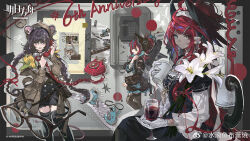 3girls alcohol arknights artist_name black_bonnet black_dress black_hair black_thighhighs bonnet braid breasts brown_coat brown_hat chinese_commentary coat commentary_request copyright_name cup detached_sleeves dress drinking_glass flower gloves gracebearer_(arknights) hat head_wings highres jewelry juliet_sleeves long_hair long_sleeves lutonada_(arknights) medium_breasts multiple_girls necklace official_art open_clothes open_coat pearl_necklace phone pointy_ears ponytail puffy_sleeves red_hair red_wine shui_di_yu_bu_lei_shao single_detached_sleeve string_phone tecno_(arknights) thighhighs twin_braids white_flower white_gloves white_lily wide_sleeves wine wine_glass wings