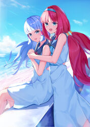 2girls 310setsu absurdres alternate_costume alternate_hairstyle aqua_eyes aqua_hair ayaka_(genshin_impact) beach behind_another blue_sailor_collar blue_sky blunt_bangs blush breasts dress genshin_impact green_eyes hair_ornament hairband highres holding holding_hands long_hair looking_at_viewer mole mole_under_eye multiple_girls nilou_(genshin_impact) ocean open_mouth red_hair sailor_collar school_uniform serafuku sitting sky sleeveless sleeveless_dress small_breasts smile standing twintails white_hairband
