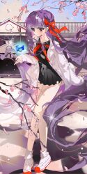 1girl bow breasts cherry_blossoms fate/extra fate/extra_ccc fate_(series) hair_ribbon highres long_hair long_sleeves matou_sakura matou_sakura_(fate/extra) minamisakura011 moon_cell_core_(fate) purple_eyes purple_hair red_ribbon ribbon school school_uniform skirt solo tsukumihara_academy_uniform_(fate/extra_ccc) very_long_hair white_sneakers