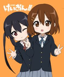 ! !! 2girls ailian124 black_hair blush brown_eyes brown_hair closed_mouth copyright_name dot_mouth female_focus hair_between_eyes hair_ornament hairclip highres hirasawa_yui k-on! long_hair long_sleeves looking_at_viewer multiple_girls nakano_azusa one_eye_closed open_mouth orange_background sakuragaoka_high_school_uniform school_uniform simple_background skirt smile standing twintails v