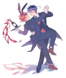 Rule 34 | 2boys, ahoge, alcohol, alternate costume, animal ears, black hair, black shoes, black suit, blue hair, blush, bottle, brown shoes, commentary, dancing, earrings, eggslads, embarrassed, english commentary, eyepatch, fake animal ears, formal clothes, highres, holding, holding hands, holding tray, jewelry, looking at another, male focus, multicolored hair, multiple boys, omokage yugamu, open mouth, rabbit ears, rabbit tail, red hair, shadow, shoes, simple background, smile, standing, standing on one leg, streaked hair, suit, sumino takumi, tail, tailcoat, the hundred line -last defense academy-, tray, white background, wine, wine bottle, yaoi