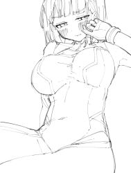 Rule 34 | 1girl, blunt bangs, blush, bob cut, bodysuit, breasts, cosplay, covered navel, half-closed eyes, highres, large breasts, link! like! love live!, liz (piyoko piyop), long sleeves, looking at viewer, love live!, momose ginko, official alternate costume, short hair, simple background, sitting, sketch, skin tight, solo, unfinished, virtual youtuber, white background