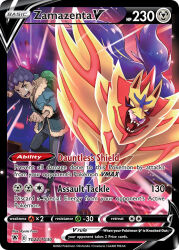 1boy artist_name backpack bag blue_jacket bright_pupils card_(medium) character_name company_name copyright_name copyright_notice dark-skinned_male dark_skin emphasis_lines english_text fur-trimmed_jacket fur_trim fuse_ryuuta gen_8_pokemon glowing green_bag grey_pants hop_(pokemon) jacket legendary_pokemon nintendo official_art open_clothes open_jacket pants pokemon pokemon_(creature) pokemon_card pokemon_swsh pokemon_tcg purple_hair sharp_teeth shoes short_hair teeth third-party_source trading_card v-shaped_eyebrows white_pupils yellow_eyes zamazenta zamazenta_(crowned)