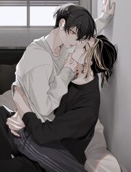 2boys bed black_hair black_pants black_shirt blonde_hair collarbone commentary_request crossed_bangs earrings eye_contact glint grey_eyes grey_pants hair_between_eyes hair_bun hand_on_another&#039;s_chin hand_up hanemiya_kazutora highres imminent_kiss indoors jewelry long_sleeves looking_at_another male_focus matsuno_chifuyu medium_hair multicolored_hair multiple_boys neck_tattoo neconecowc on_bed open_mouth pants parted_bangs pillow ponytail profile shirt short_hair sidelocks single_hair_bun sitting sitting_on_lap sitting_on_person streaked_hair tattoo teeth tokyo_revengers undercut upper_teeth_only white_shirt window yaoi