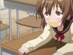 10s 1girl animated animated_gif bent_over blush brown_eyes brown_hair classroom denpa_onna_to_seishun_otoko desk flat_chest gag gagged implied_sex improvised_gag lowres mifune_ryuuko on_desk red_eyes rolling_eyes school school_desk school_uniform sexually_suggestive short_hair skirt tape tape_gag third-party_edit