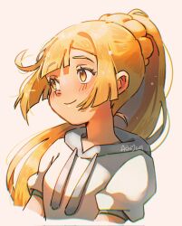 1girl alien_ashi artist_name blonde_hair blush closed_mouth cropped_torso dated eyelashes highres lillie_(pokemon) long_hair looking_to_the_side nintendo pokemon pokemon_sm ponytail shirt short_sleeves smile solo upper_body white_background white_shirt