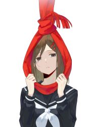 Rule 34 | 1girl, aaniko, black sailor collar, black shirt, brown hair, commentary request, crying, crying with eyes open, depressed, fringe trim, grey eyes, hair ornament, hair over one eye, hairclip, highres, holding, holding unworn clothes, holding unworn scarf, imminent suicide, kagerou project, long hair, long sleeves, neckerchief, noose, parted lips, red scarf, sailor collar, scarf, shirt, simple background, solo, tateyama ayano, tears, unworn scarf, upper body, white background, white neckerchief