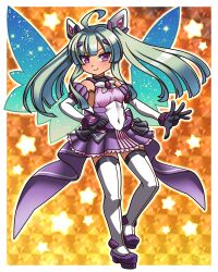 Rule 34 | &gt;:), 1girl, ahoge, amakubo yuri, bare shoulders, black gloves, blue wings, blush, boots, breasts, closed mouth, covered navel, detached sleeves, detached wings, energy wings, exs-tia flora, fairy wings, full body, gloves, green hair, hair ornament, hand on own hip, highres, kouyoku senki exs-tia, long hair, long sleeves, looking at viewer, magical girl, magonzuhamiti, outline, pleated skirt, purple eyes, purple skirt, skirt, small breasts, smile, solo, standing, standing on one leg, star (symbol), thigh boots, thighhighs, twintails, v-shaped eyebrows, variant set, white thighhighs, wings, zettai ryouiki