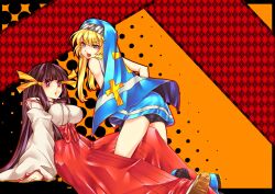 1boy 1girl arcana_heart bare_shoulders bike_shorts black_hair blonde_hair blue_eyes blue_veil breasts bridget_(guilty_gear) brown_eyes checkered_background coif covered_erect_nipples cross crossover guilty_gear hair_ribbon hakama hime_cut japanese_clothes kasuga_maori kneehighs long_hair long_sleeves looking_at_viewer looking_back m.u.g.e.n miko open_mouth orange_background red_hakama ribbon sitting sleeveless smile socks thighs tobi_(discharge_cycle) veil very_long_hair