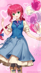 1girl :d amitie_florian apron balloon black_pantyhose blue_apron blue_vest boots braid brown_boots brown_shirt brown_skirt commentary_request feet_out_of_frame fujima_takuya green_eyes hand_up heart_balloon holding holding_balloon knee_boots long_hair looking_at_viewer lyrical_nanoha mahou_shoujo_lyrical_nanoha open_mouth pantyhose pink_background puffy_short_sleeves puffy_sleeves red_hair shirt short_sleeves single_braid skirt smile solo standing very_long_hair vest