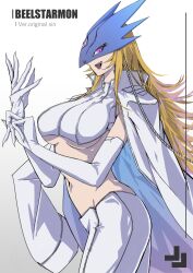 1girl absurdres alternate_color beelstarmon blonde_hair breasts character_name coat coat_on_shoulders cowboy_shot cropped_shirt digimon digimon_(creature) elbow_gloves eye_mask from_side gloves highres jiyuuya large_breasts long_hair looking_at_viewer navel open_mouth pants profile purple_eyes shirt simple_background smile solo third_eye underboob white_background white_coat white_gloves white_pants white_shirt