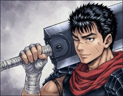 1boy bandaged_hand bandages berserk black_hair brown_eyes closed_mouth commentary_request greatsword grey_background guts_(berserk) highres kuny looking_ahead male_focus muscular muscular_male one_eye_closed short_hair solo spiked_hair sword upper_body weapon