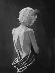 1girl absurdres back cecilia_immergreen commentary doll_joints from_behind greyscale highres hololive hololive_english joints marii_(mmmmmarii_) monochrome short_hair solo symbol-only_commentary virtual_youtuber winding_key