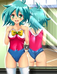 1girl allenby_beardsley ass blue_hair blush bow cameltoe female_focus g_gundam green_eyes gundam highres jewelry leotard mirror necklace reflection shiguko short_hair smile solo thighhighs