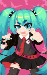 ! 1girl alternate_costume aqua_eyes aqua_hair aqua_nails belt black_jacket black_skirt bracelet collared_shirt commentary english_commentary feet_out_of_frame grey_shirt grey_thighhighs hair_tie half-closed_eye hands_up hatsune_miku holding holding_microphone jacket jewelry long_hair looking_at_viewer microphone minimilieu multicolored_jacket music necktie open_clothes open_jacket open_mouth pink_background pixel_art pleated_skirt pointing pointing_at_viewer purple_jacket red_belt red_necktie red_skirt shirt singing skirt skull_print slit_pupils spiked_bracelet spikes spiral standing thick_eyebrows thighhighs three-quarter_sleeves torn_clothes torn_thighhighs twintails two-sided_fabric two-tone_jacket two-tone_skirt v-shaped_eyebrows very_long_hair vocaloid wing_collar zettai_ryouiki