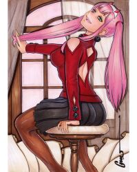 alternate_costume alternate_hairstyle back_cutout bare_shoulders black_skirt blunt_bangs blush border breasts bright_pupils brown_pantyhose clothing_cutout colored_pencil_(medium) curtains cushion darling_in_the_franxx eyelashes from_behind from_side green_eyes hair_over_shoulder hair_tie hairband hand_on_chair hand_up head_tilt highres holding holding_own_hair horns long_hair long_sleeves looking_at_viewer looking_back looking_to_the_side marker_(medium) medium_breasts nose omar_dogan on_stool open_mouth pantyhose pillarboxed pillow pink_hair pink_lips pink_nails playing_with_own_hair pleated_skirt red_horns red_sweater scan shiny_clothes shiny_legwear shoulder_cutout sidelocks sitting skirt smile spine stool sweater tassel teeth traditional_media upper_teeth_only very_long_hair white_border white_hairband white_pupils window zero_two_(darling_in_the_franxx)