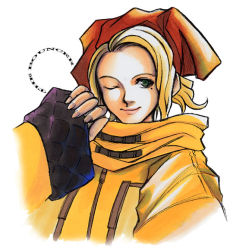 1girl blonde_hair coat dominique_cross female_focus green_eyes headscarf mole perfect_command short_hair solo the_bouncer white_background wink