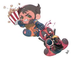 2boys animal_feet beard bleeding blood blue_gloves blush_stickers bodysuit brown_hair bucket chibi claw_(weapon) clenched_teeth deadpool deadpool_&amp;_wolverine deadpool_(series) facial_hair food full_body gloves green_eyes highres holding holding_bucket hoshiimopotato looking_at_viewer male_focus marvel marvel_cinematic_universe multiple_boys popcorn red_bodysuit red_mask short_hair simple_background stab superhero_costume sword sword_on_back teeth two-tone_bodysuit weapon weapon_on_back white_background wolverine_(x-men) x-men yellow_bodysuit