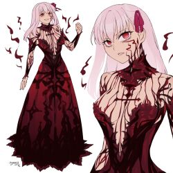 1girl black_dress dark_sakura dress fate/stay_night fate_(series) hair_ribbon heaven&#039;s_feel matou_sakura official_alternate_eye_color official_alternate_hair_color red_eyes ribbon solo symoca white_background white_hair