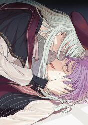 2girls absurdres amoris_(bang_dream!) black_capelet boku_no_hero_academia capelet commentary_request gradient_background green_hair hand_on_another&#039;s_face hat highres jewelry kimboogakk77 korean_commentary long_hair long_sleeves mortis_(bang_dream!) mortis_(costume)_(bang_dream!) multiple_girls necklace open_mouth purple_hair red_hat see-through_clothes see-through_sleeves shirt short_hair smile sweatdrop wakaba_mutsumi white_shirt yuri yuutenji_nyamu