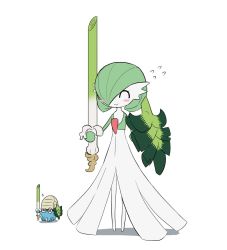 blush cosplay gardevoir gen_1_pokemon gen_3_pokemon gen_8_pokemon green_hair highres mori_hayaki nintendo omanyte onion pokemon pokemon_(creature) shield sirfetch&#039;d sirfetch&#039;d_(cosplay) smile sword weapon