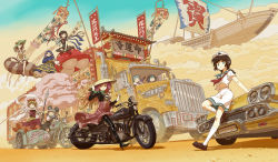 6+girls aircraft airship ajirogasa animal_ears artist_name asymmetrical_wings bishamonten&#039;s_pagoda black_hair blonde_hair blue_eyes blue_hair box_truck brown_hair dahuang dated flag flag_on_vehicle futatsuiwa_mamizou green_hair grey_hair hat highres hijiri_byakuren houjuu_nue kasodani_kyouko kumoi_ichirin light_purple_hair mad_max mad_max:_fury_road motor_vehicle motorcycle multiple_girls murasa_minamitsu nazrin on_motorcycle palanquin_ship polearm purple_eyes purple_hair raccoon_ears raccoon_tail red_eyes sailor_hat shawl spear tail tatara_kogasa toramaru_shou touhou truck turbo_byakuren ufo undefined_fantastic_object unzan vehicle_focus weapon wings
