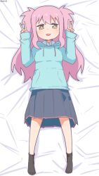 Rule 34 | 1girl, :3, :d, artist name, bambi2000line, bed sheet, black skirt, black socks, commentary, dot nose, double v, drawstring, full body, hair between eyes, highres, light blush, long hair, long sleeves, lying, nagase miyako, on back, onii-chan wa oshimai!, open mouth, pink hair, pleated skirt, sidelocks, skirt, sleeves past wrists, smile, socks, solo, v, yellow eyes