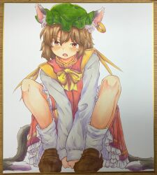 Rule 34 | 1girl, absurdres, animal ear fluff, animal ear piercing, animal ears, between legs, blush, bow, bowtie, brown eyes, brown hair, brown shoes, cat ears, cat tail, chagamaka, chen, d:, dot nose, earrings, frills, full body, gold trim, hair between eyes, hand between legs, hat, highres, jewelry, long sleeves, looking at viewer, mob cap, multiple tails, nekomata, open mouth, petticoat, puffy long sleeves, puffy sleeves, red skirt, red vest, shoes, short hair, simple background, single earring, skirt, skirt set, sleeves past wrists, solo, squatting, tail, tongue, touhou, traditional media, two tails, v arms, vest, white background, yellow bow, yellow bowtie