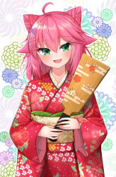 Rule 34 | 1girl, :d, ahoge, commentary request, cone hair bun, double bun, fang, floral background, floral print, floral print kimono, green eyes, hagoita, hair between eyes, hair bun, hair flaps, hair ornament, head tilt, highres, holding, hoshino reiji, japanese clothes, kanzashi, kimono, light blush, long eyelashes, long hair, looking at viewer, obi, open mouth, original, paddle, pink hair, print kimono, red kimono, sash, smile, solo, tsumami kanzashi, yellow sash