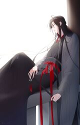 1boy absurdres ahoge black_hair black_hanfu black_robe chinese_clothes coat flute from_side grey_coat hair_down hair_ribbon half_updo hanfu highres holding holding_flute holding_instrument instrument korean_commentary long_hair long_sleeves looking_to_the_side male_focus modao_zushi official_alternate_costume official_alternate_hairstyle parted_lips profile purple_eyes red_ribbon red_sash ribbon robe sash sidelocks simple_background sitting solo ssu_saeu tassel very_long_hair wei_wuxian wei_wuxian_(yiling_laozu) white_background wide_sleeves