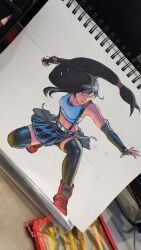 1girl bare_shoulders belt black_hair boots braces breasts clenched_hand elbow_gloves facebook_username fighting_stance final_fantasy final_fantasy_vii final_fantasy_vii_remake fingerless_gloves gloves highres long_hair looking_at_another looking_to_the_side marquis_devon_burgess medium_breasts midriff miniskirt navel photo_(medium) sidelocks simple_background sketchbook skirt solo tank_top thighhighs tifa_lockhart traditional_media white_background
