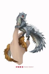 alternate_size animal animal_on_hand blue_scales claws creature digitigrade highres horns monster monster_focus monster_hunter:_world monster_hunter_(series) monster_hunter_world:_iceborne nostrils orange_fur orange_scales red_eyes slit_pupils spines tail tobi-kadachi viper_tobi-kadachi white_background white_fur xezeno yellow_eyes