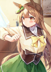 1girl absurdres animal_ears blush braid brown_eyes brown_hair ear_ornament green_skirt half_up_braid highres horse_ears horse_girl horse_tail long_hair long_sleeves multicolored_hair puffy_sleeves ribbon satono_diamond_(umamusume) shirt skirt solo streaked_hair tail umamusume vest white_shirt yellow_ribbon yoru_usagi