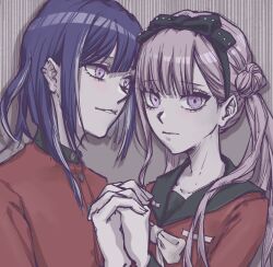 1boy 1girl bow brother_and_sister closed_eyes closed_mouth fingernails hair_bow highres holding_hands looking_at_another looking_at_viewer matching_hair/eyes pink_eyes pink_hair purple_hair siblings simple_background the_hundred_line_-last_defense_academy- tsukumo_ima tsukumo_kako twins