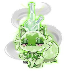 artist_name bong colored_sclera gen_9_pokemon highres looking_at_viewer meme nintendo no_humans percodine pokemon pokemon_(creature) red_sclera solo sprigatito sprigatito_the_weedcat_(meme) terastallization