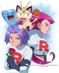 1boy 1girl 1other black_gloves blue_eyes blue_hair crossed_arms flower gen_1_pokemon gen_2_pokemon gloves green_eyes highres james_(pokemon) jessie_(pokemon) logo meowth miyuki_tsukiyono nintendo pink_hair pokemon pokemon_(anime) pokemon_(classic_anime) pokemon_(creature) red_flower red_rose rose team_rocket team_rocket_uniform white_background wobbuffet