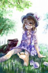 Rule 34 | 1girl, barefoot, black cloak, black hat, bow, brown eyes, brown hair, cloak, collarbone, commentary request, foliage, foot out of frame, grass, hat, hat bow, medium hair, nagayo, occult ball, on grass, on ground, open clothes, open vest, pink bow, pink shirt, plaid clothes, plaid skirt, plaid vest, pleated skirt, purple skirt, purple vest, red-framed eyewear, shirt, sitting, skirt, solo, sweatdrop, toes, touhou, tree, usami sumireko, vest, white background, zener card
