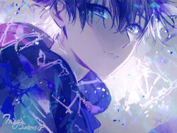 1boy blue_eyes blue_hair blue_jacket commentary dated eyes_visible_through_hair grey_background hair_between_eyes highres hood hood_down hooded_jacket jacket male_focus matsunaka_hiro original portrait short_hair signature solo tsurime