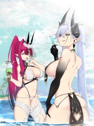 2girls baobhan_sith_(fate) baobhan_sith_(swimsuit_pretender)_(third_ascension)_(fate) bikini black_hands breasts cernunnos_(fate) colored_extremities fate/grand_order fate_(series) flower food from_behind green_eyes grey_eyes hair_flower hair_ornament hand_up highres ice_cream itswaaves large_breasts lilith_(fate) long_hair looking_at_viewer looking_back multiple_girls navel partially_submerged pink_hair pointy_ears popsicle side_ponytail swimsuit tiara tongue tongue_out twintails veil white_bikini white_flower white_hair